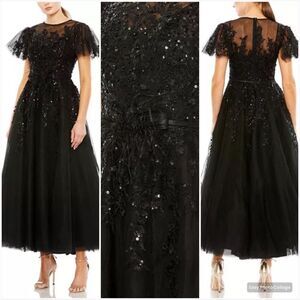 Mac Duggal 20362 Womens Black EMBELLISHED FLUTTER SLEEVE BOW WAIST A LINE DRESS